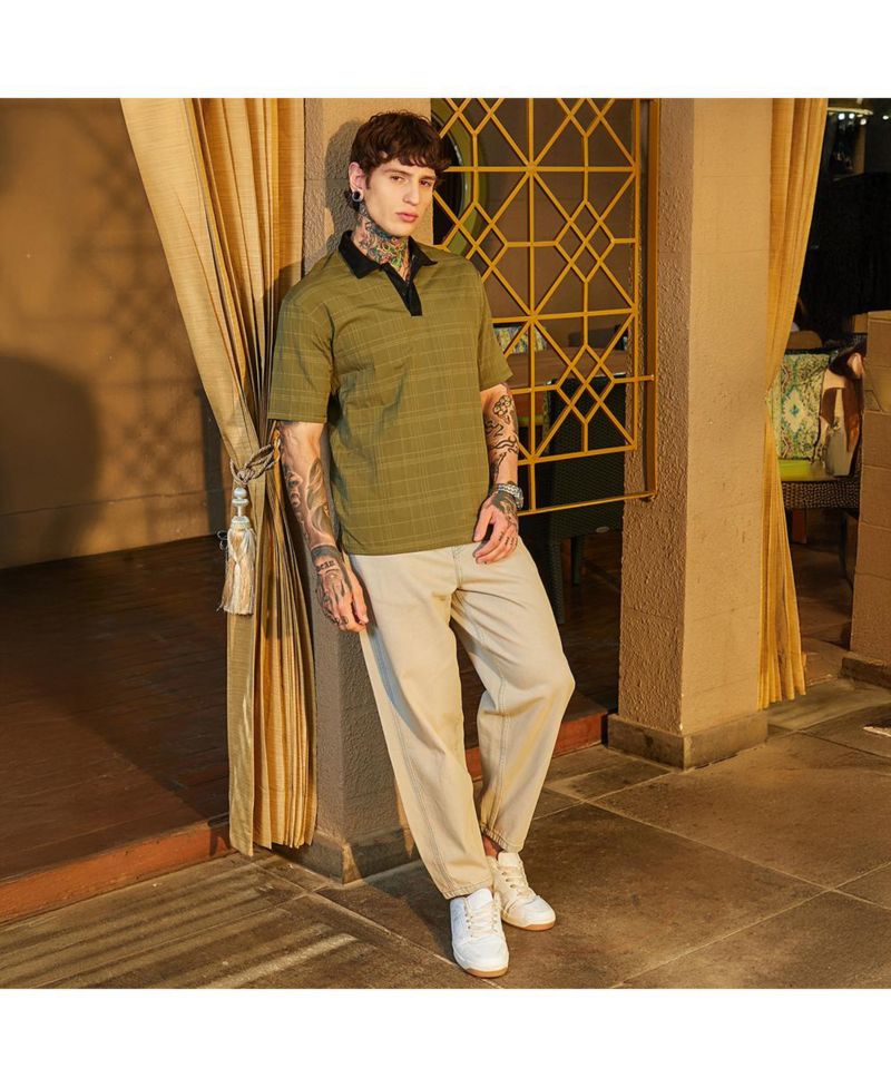 Men's Olive Green and Onyx Black Contrast Grid Polo T-Shirt