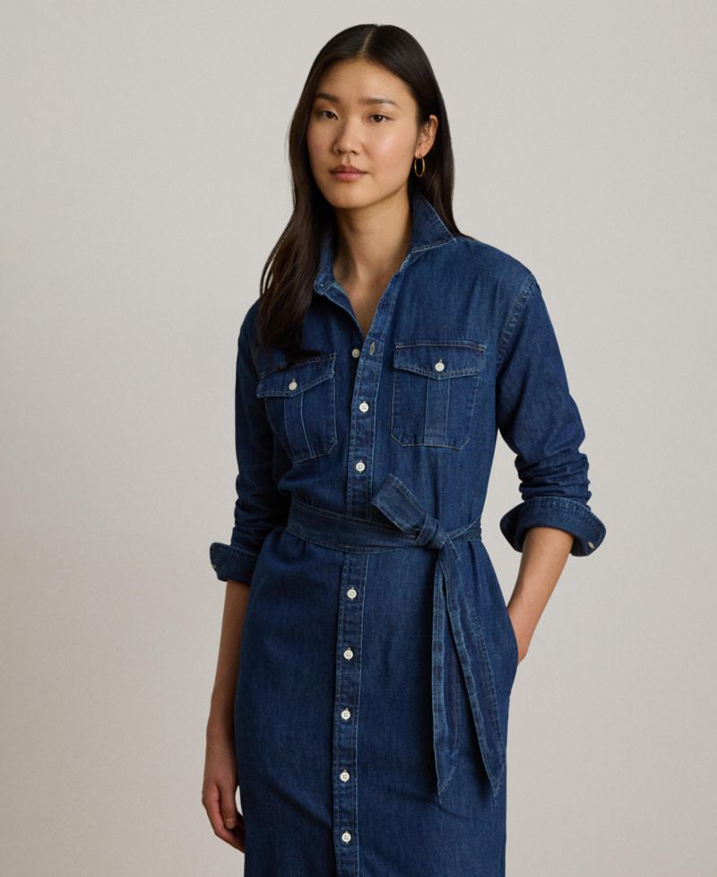 Women's Collared Belted Denim Midi Shirt-Dress