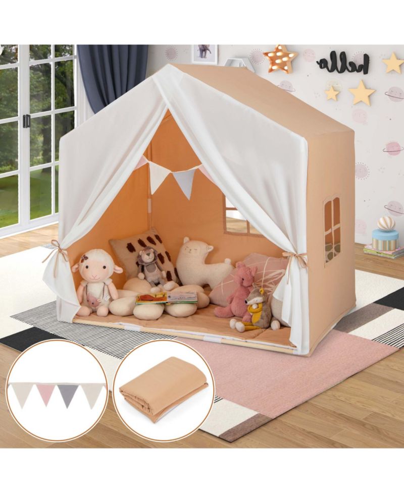 Kids' Castle Play Tent with Solid-Wood Frame and Washable Mat