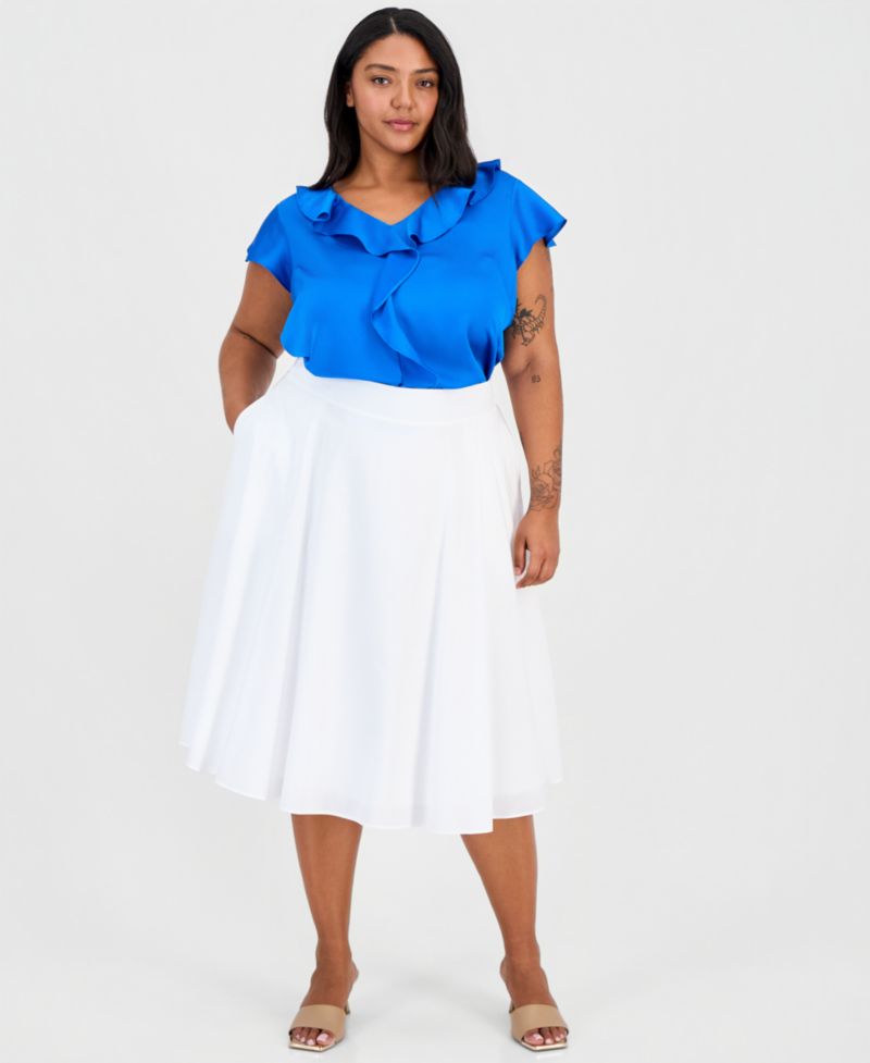 ASL Plus Size Pleated Cotton Midi Skirt