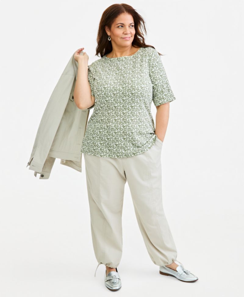 Petite Printed Boat-Neck Elbow Sleeve Top