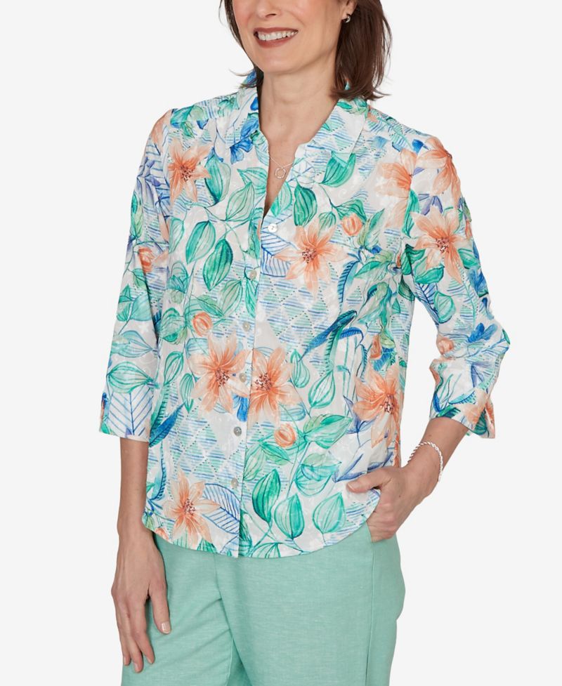 Women's Caribbean Blues Tropical Flower Eyelet Tie-Sleeve Top