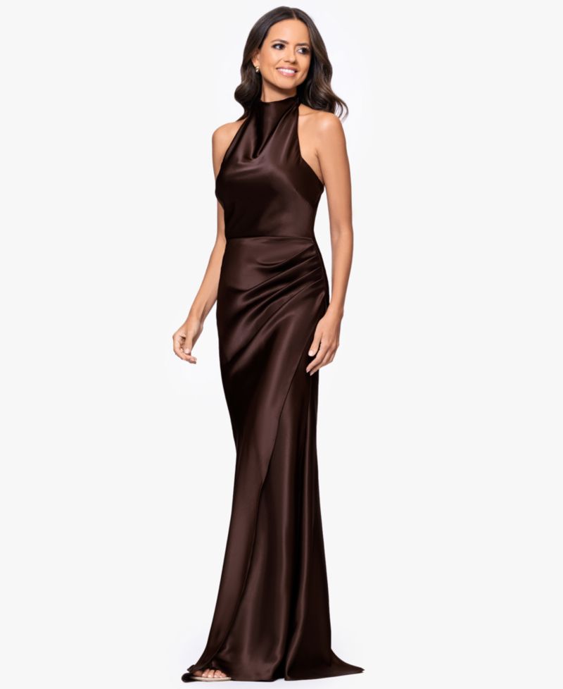 Petite Cowl Halter Neck Charmeuse Long Dress