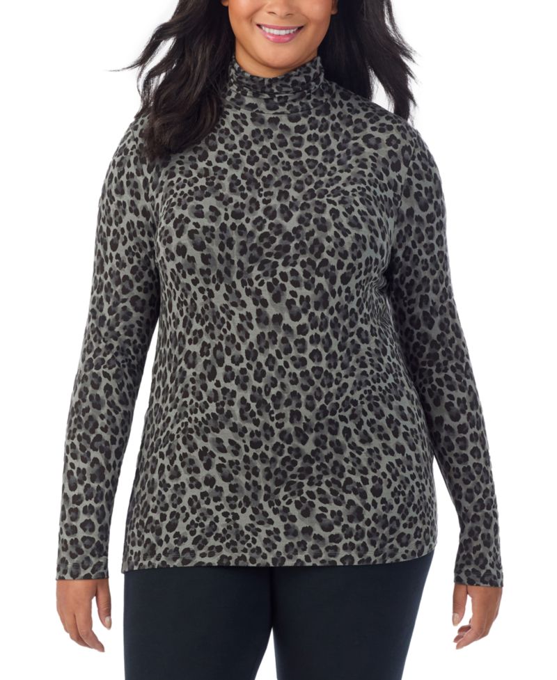 Plus Size Softwear with Stretch Turtleneck Animal-Print Long-Sleeve Top