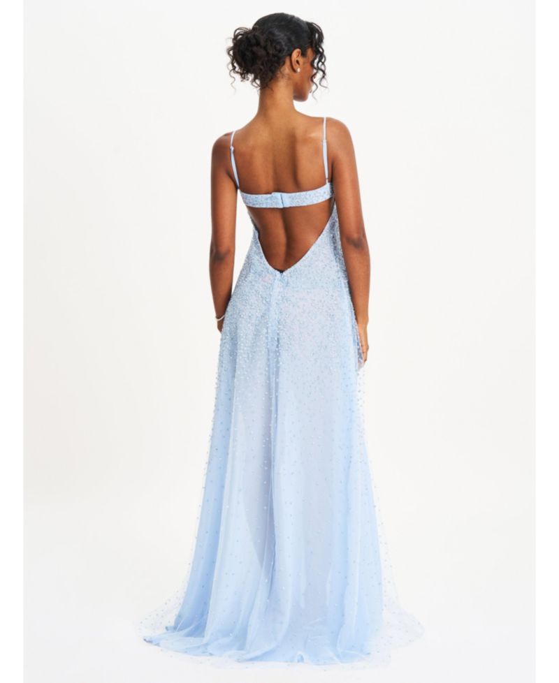 Women's Wallie Baby Blue Rhinestone Embellished Mesh Backless Gown
