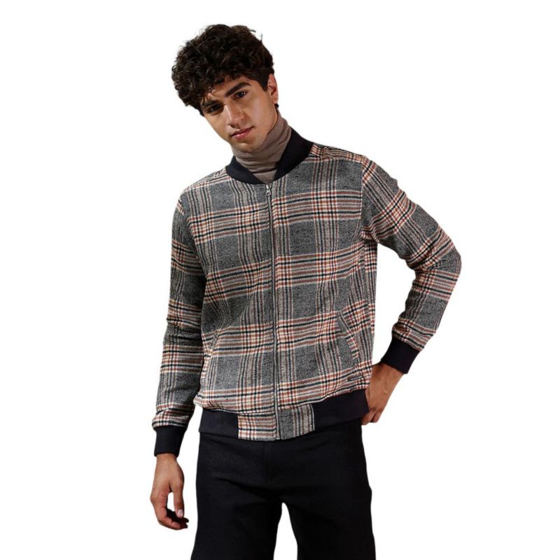 Men's Midnight Black & Chocolate Brown Tartan-Plaid Bomber Jacket
