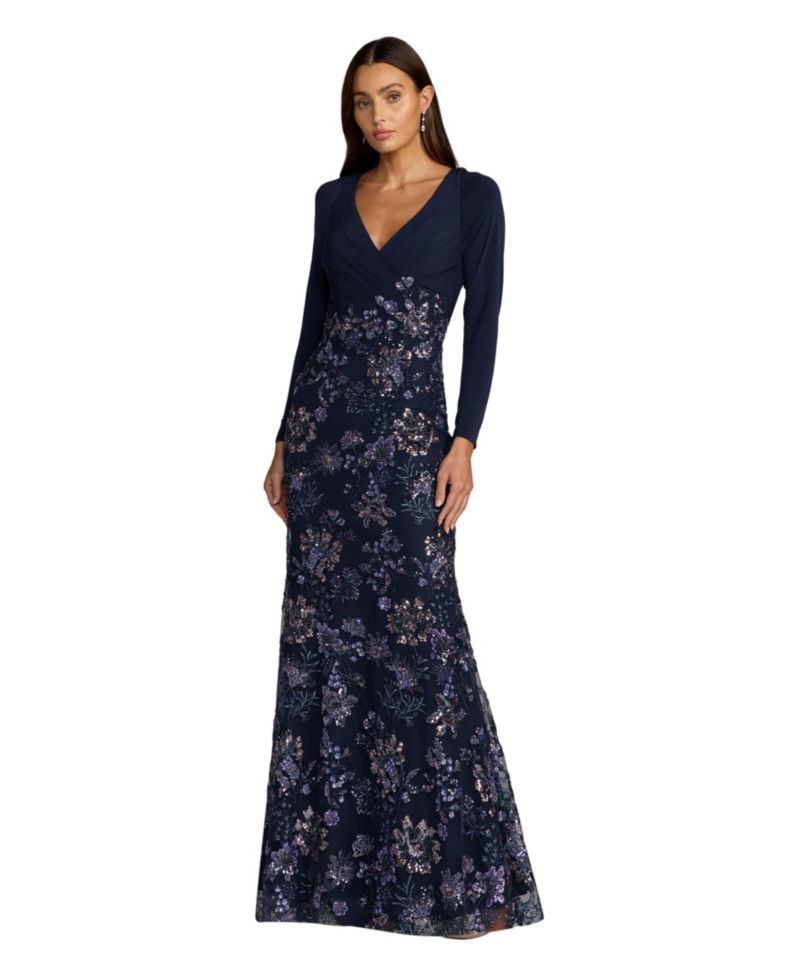 Petite Floral Embroidered Jersey Long Sleeve Gown
