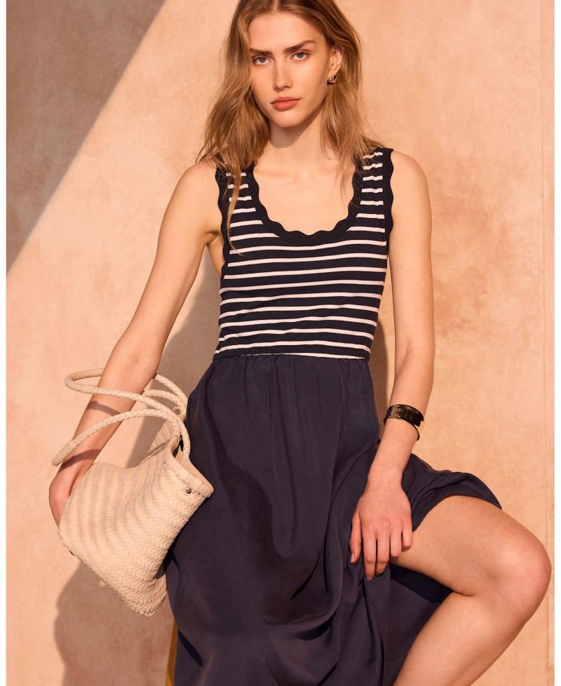 Women's Striped Scallop Trim A-Line Dress