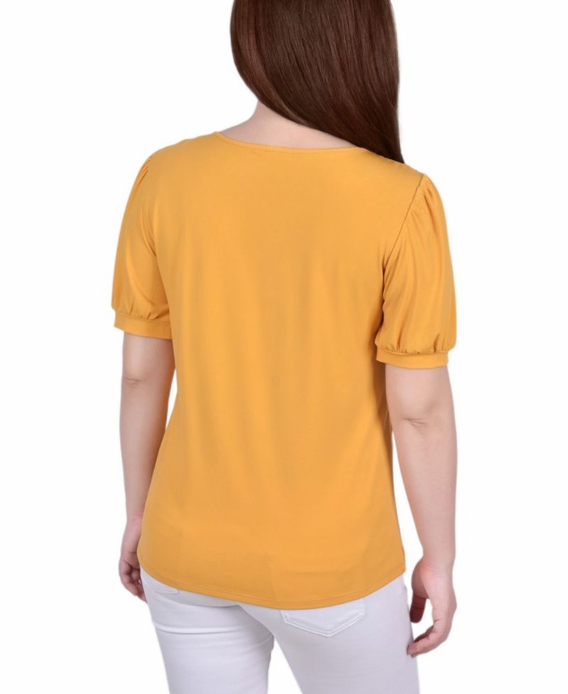Petite Short Puff Sleeve Mesh Inset Top