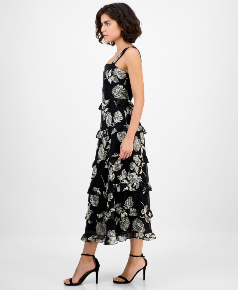 Women's Square-Neck Tiered Foil Midi Dress