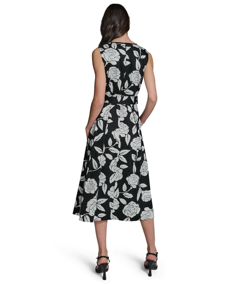 Women's Floral Border Print Crew Neck Midi Dress