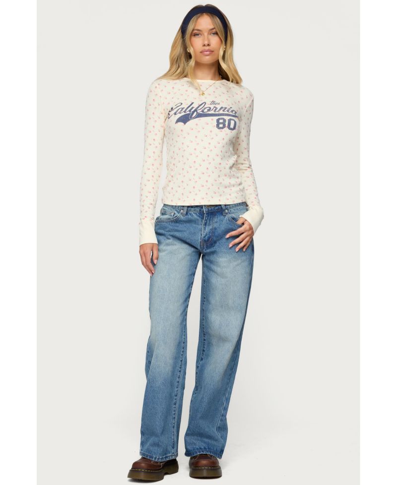 Womens Cali Floral Ribbed Long Sleeve T Shirt