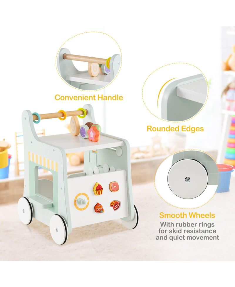 Wooden Baby Walker Ice Cream Cart Toy with Sweet Accessories & Smooth Wheels