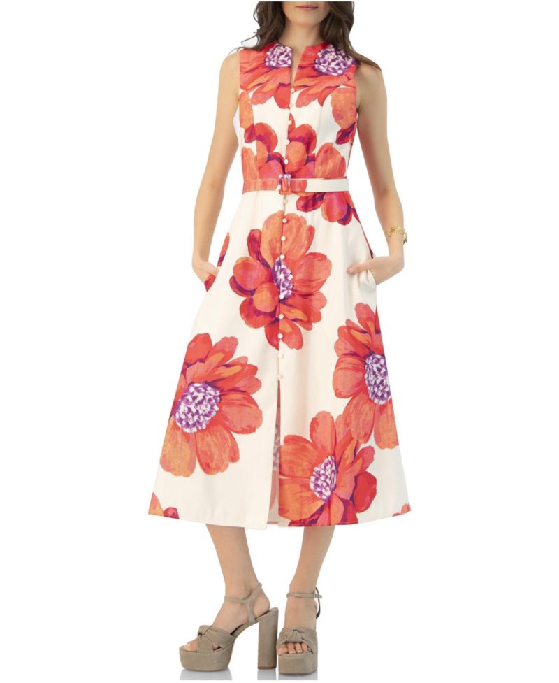 Women's Printed Jacquard Sleeveless Midi Dress