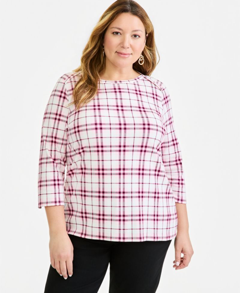 Petite Printed Pima Cotton 3/4-Sleeve Boatneck Top