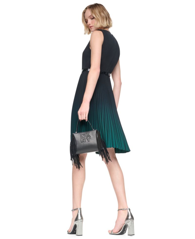 Women's Belted Ombre Pleat V-Neck Dress