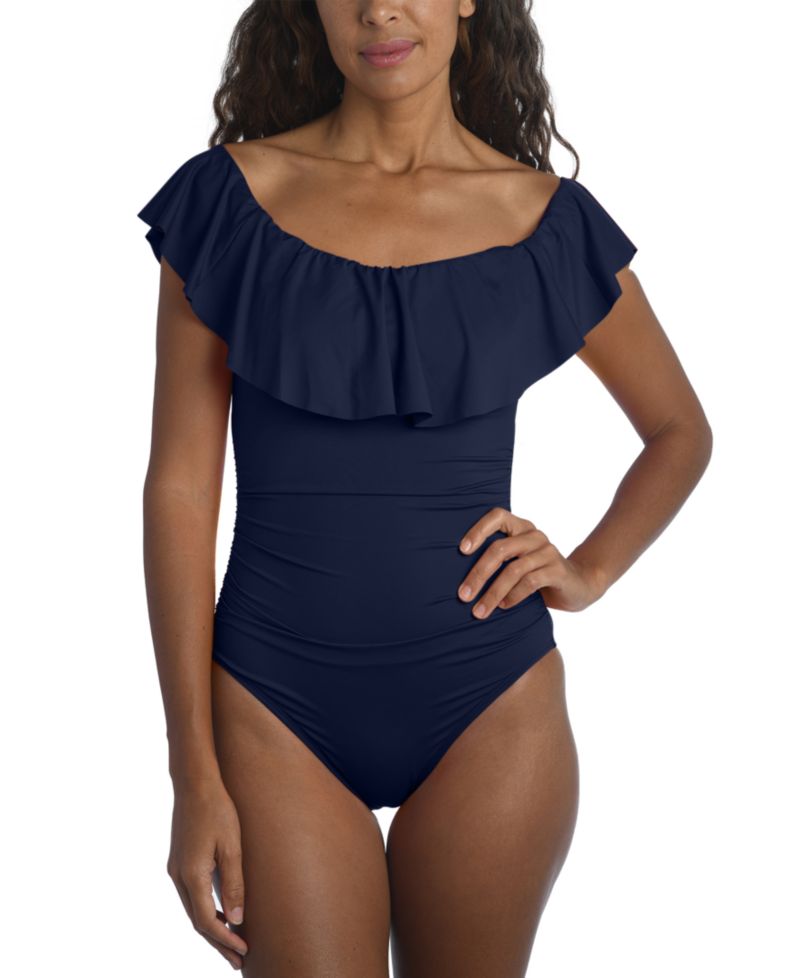 Island Goddess Off-The-Shoulder Ruffled Tummy-Control One-Piece Swimsuit