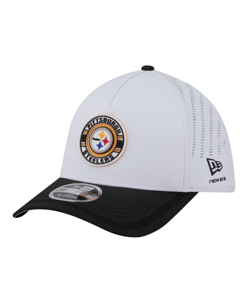 Men's White/Black Pittsburgh Steelers Patch 39THIRTY A-Frame M-Crown Perforated Flex Hat