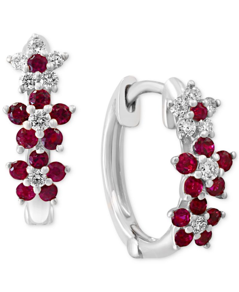 Ruby (1/3 ct. t.w.) & Diamond (1/8 ct. t.w.) Extra-Small Flower Hoop Earrings in 14k Yellow Gold, 0.15" (Also available in Sapphire)