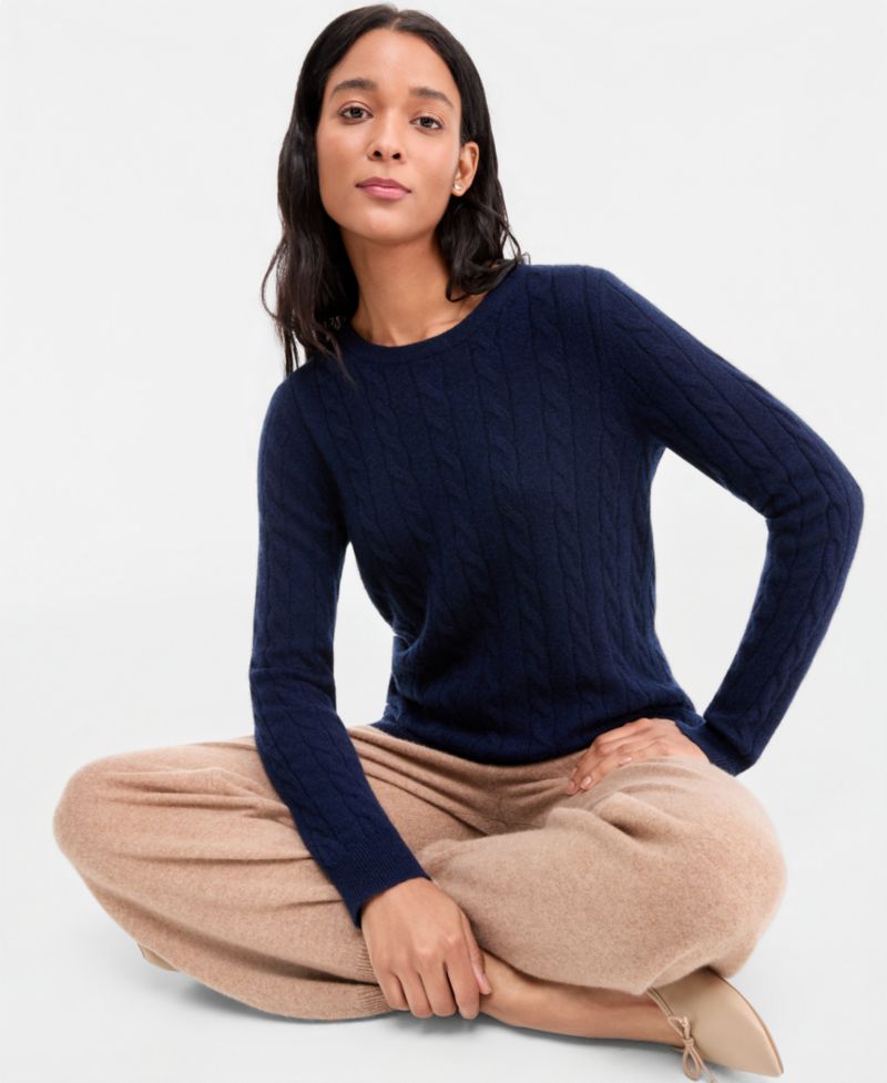 Petite Cable-Knit Crewneck 100% Cashmere Sweater