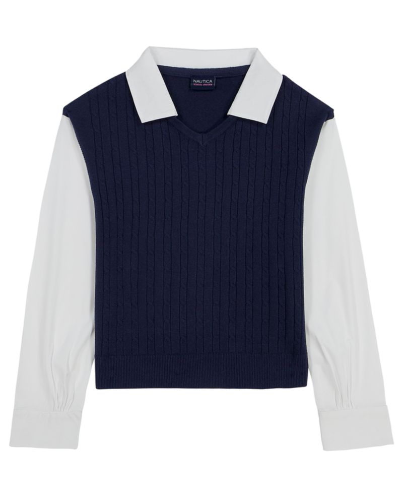 Girls' 7-16 Collared V-Neck Sweater