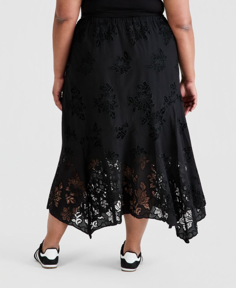 Petite Asymmetric Floral Cutwork Pull-On Skirt