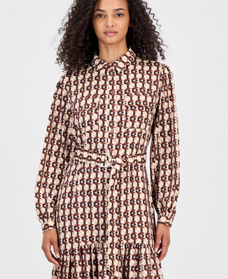 Women's Long-Sleeve Button-Down Peplum Midi Dress