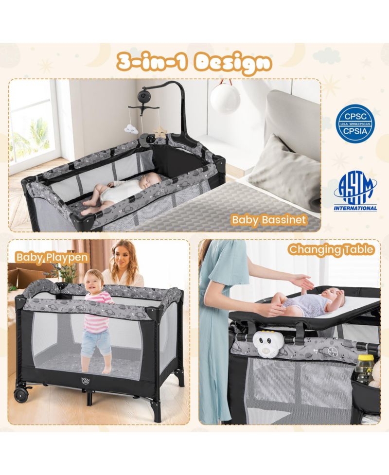 Portable Baby Playard Nursery Center Crib Bassinet w/ Hanging Toys and Music Box