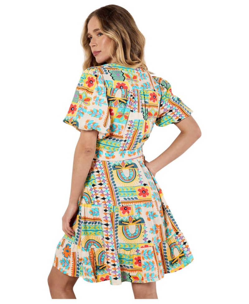 Women's Tropical Animation Puff-Sleeve Tropical-Print Tiered Mini Dress