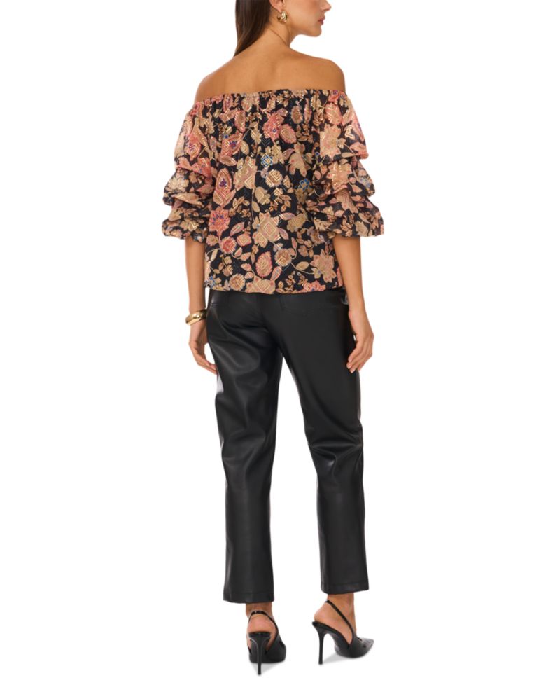 Women's Floral Off-The-Shoulder Bubble 3/4-Sleeve Tie-Front Blouse