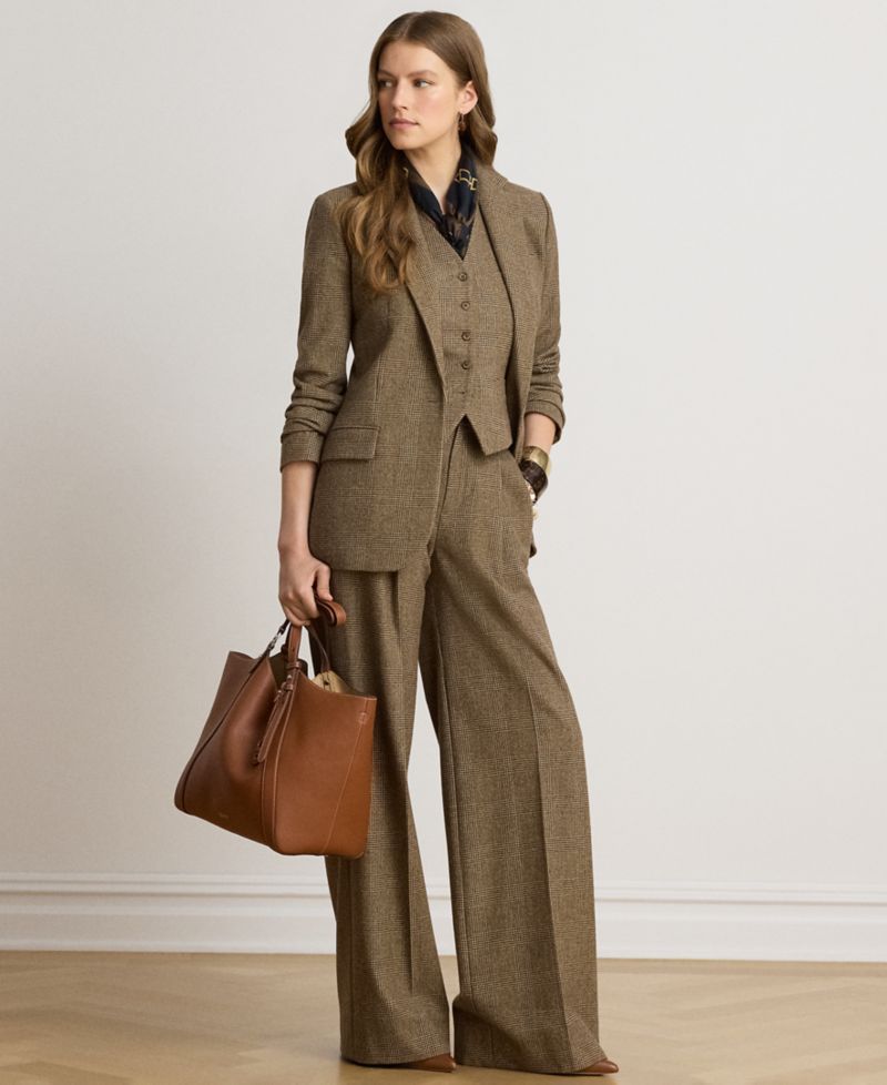 Petite High-Rise Wide-Leg Plaid Wool Pants, 29" Inseam