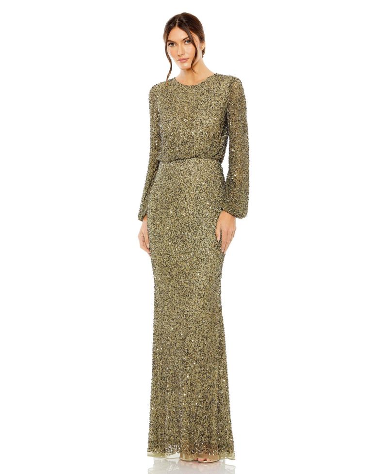 Women's High Neck Long Sleeve Beaded Blouson Gown
