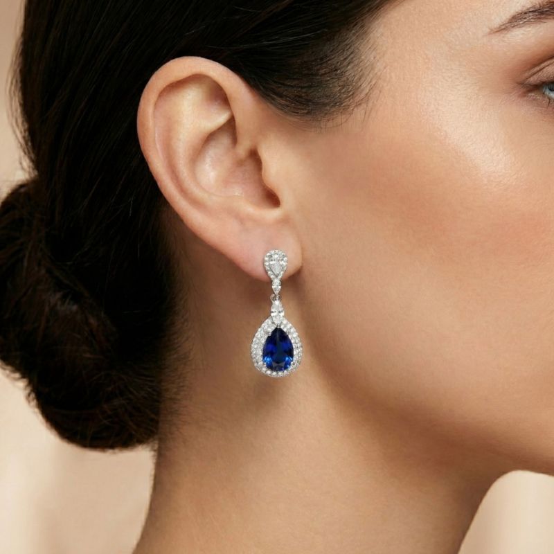 Dazzling White Gold Plated CZ Double Halo Drop Earrings