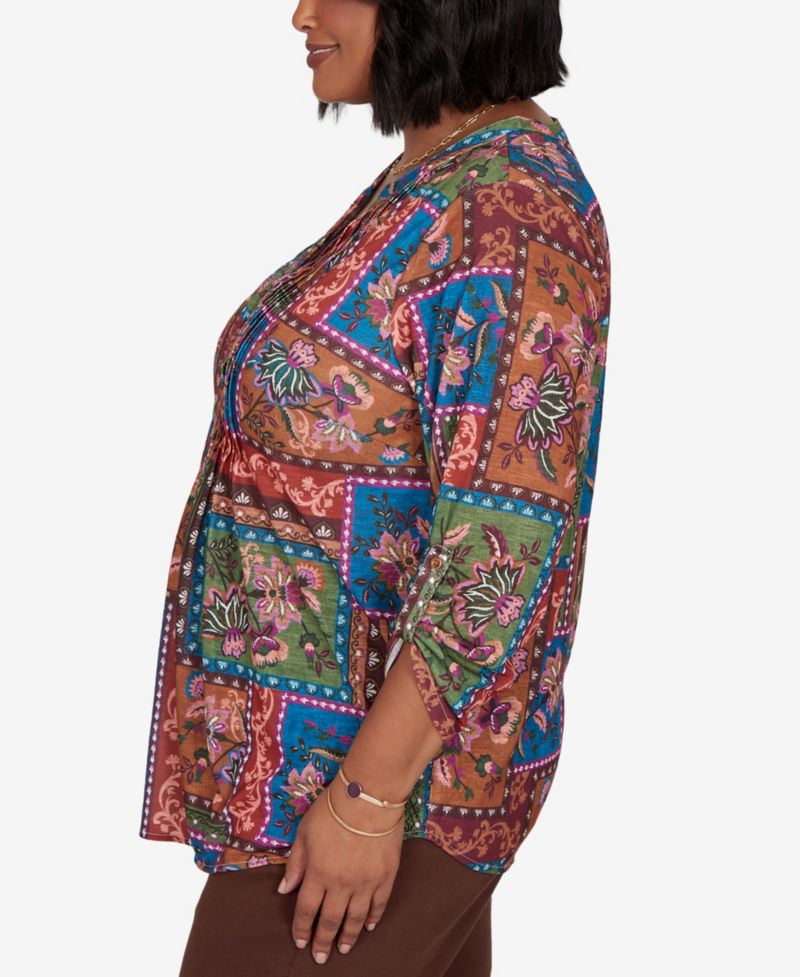 Plus Size Tapestry Floral 3/4-Sleeve Blouse