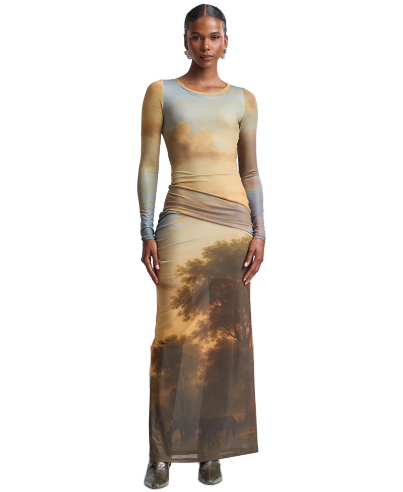 Women's Scoop Neck Long-Sleeve Shirred Waist Maxi Dress