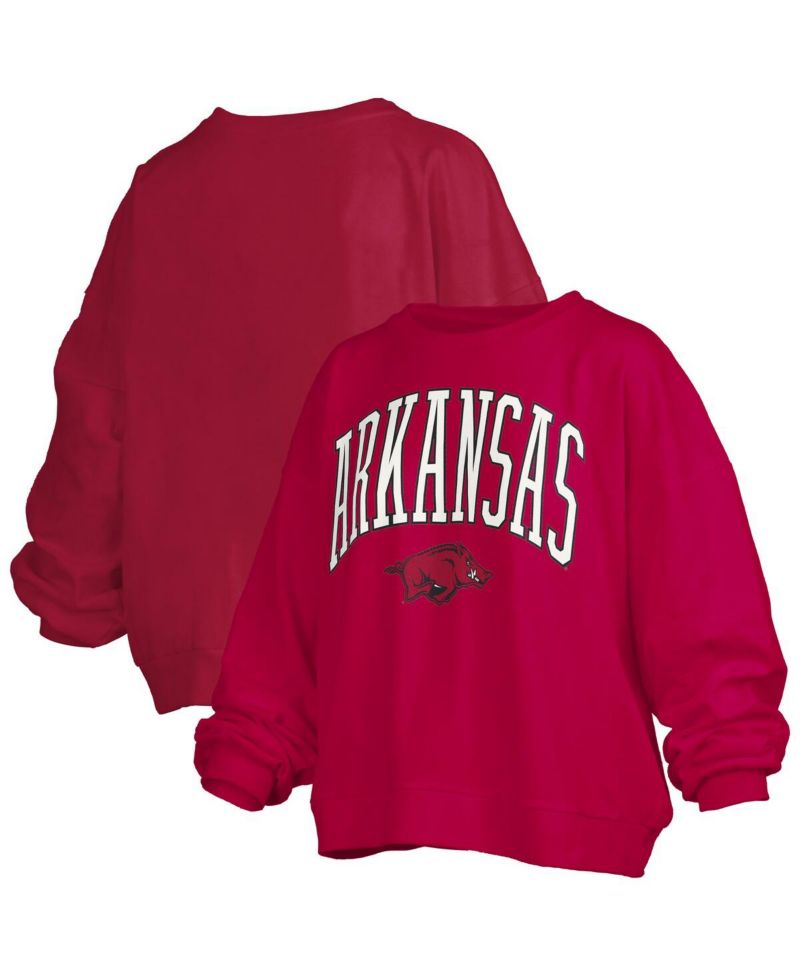 Women's Cardinal Arkansas Razorbacks Janise Arch Over Logo Waist Length Oversized Pullover Sweatshirt