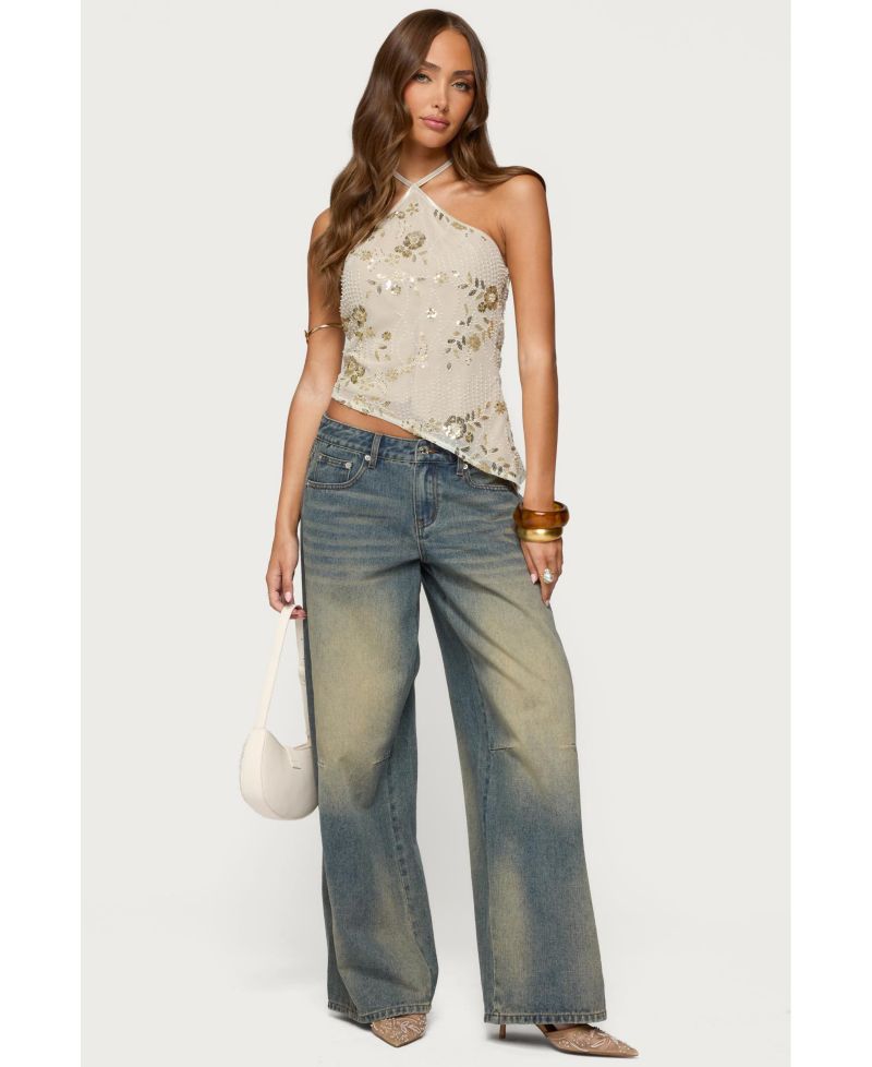 Womens Beaded Sequin Asymmetric Halter Top