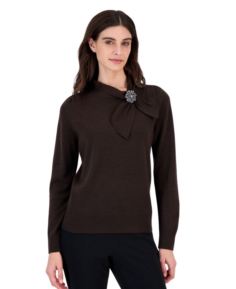Petite Mock-Neck Pleated-Shoulder Sweater with Brooch