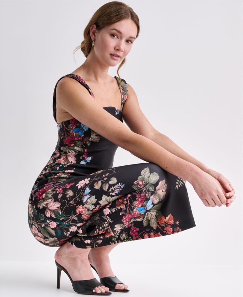 Women's Floral Print Square Neck Satin Midi Dress