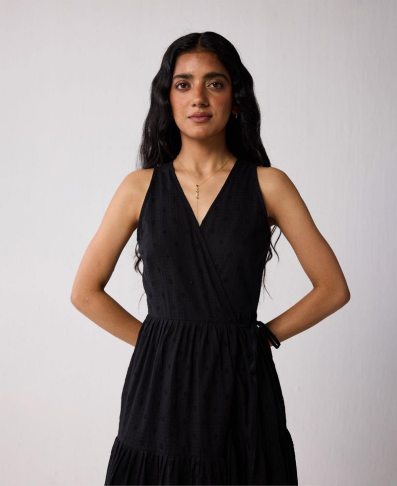 Women's Sleeveless Embroidered Wrap Dress with Tiers