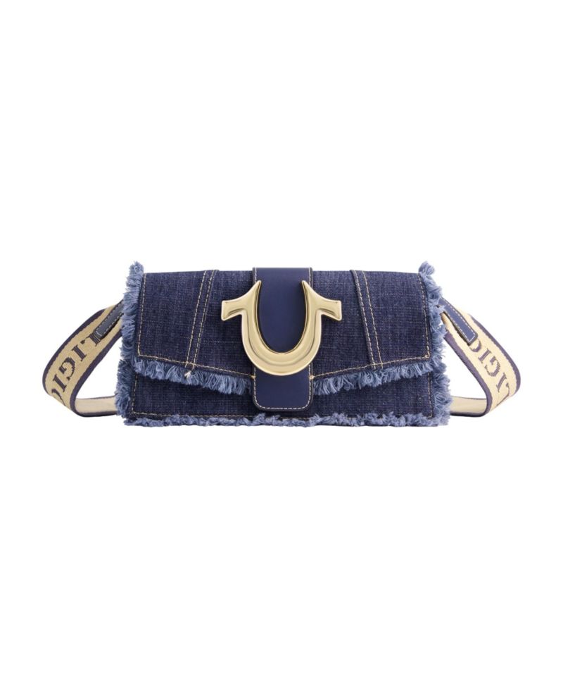 Frayed Denim Flap Bag with Logo Strap