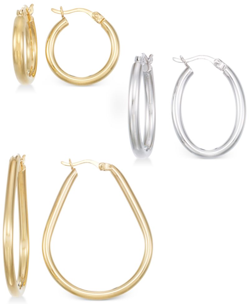Set of Three Hoop Earrings in 14k Yellow Gold Vermeil and Sterling Silver