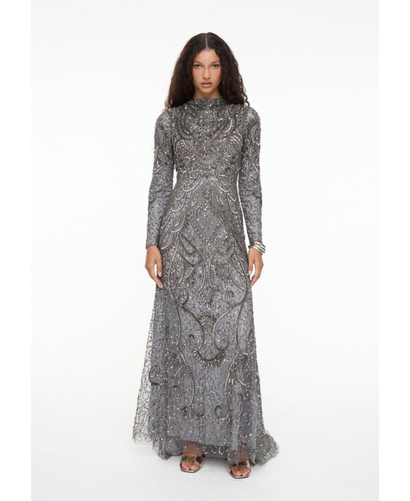 Women's Modest Embellished Sequin Beaded Dress Maxi With Cowl Neck