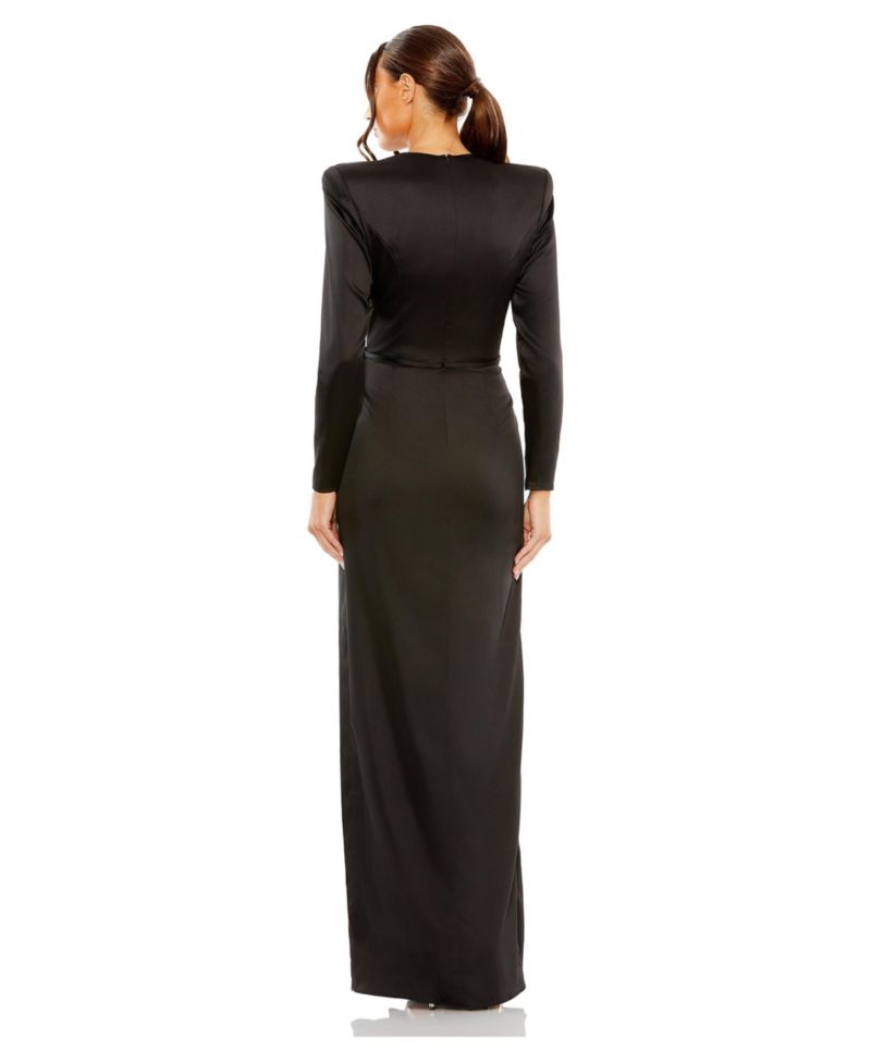 Petite Long Sleeve Satin Structured Bow Draped Column Gown
