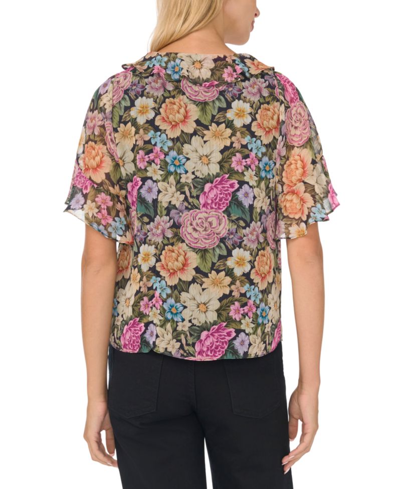 Women's Short-Flutter-Sleeve Floral Ruffle Blouse