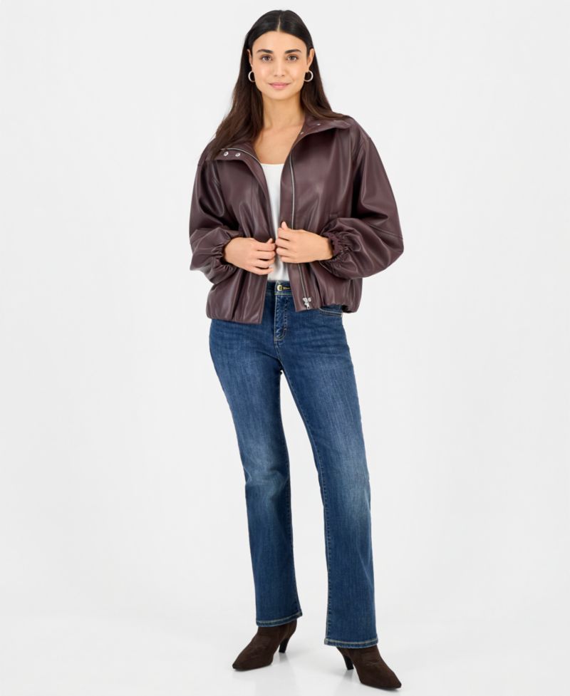 Petite Faux Leather Funnel-Neck Bomber Jacket