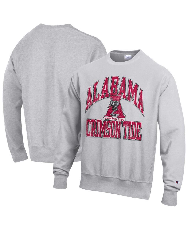 Men's Gray Alabama Crimson Tide Distressed Arch Over Logo Reverse Weave Crew Neck Sweatshirt
