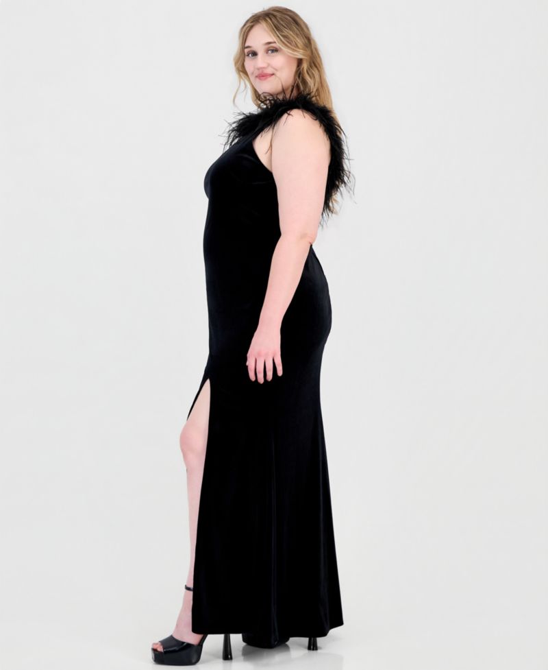 Plus Size Velvet High-Neck Feather Trim Gown