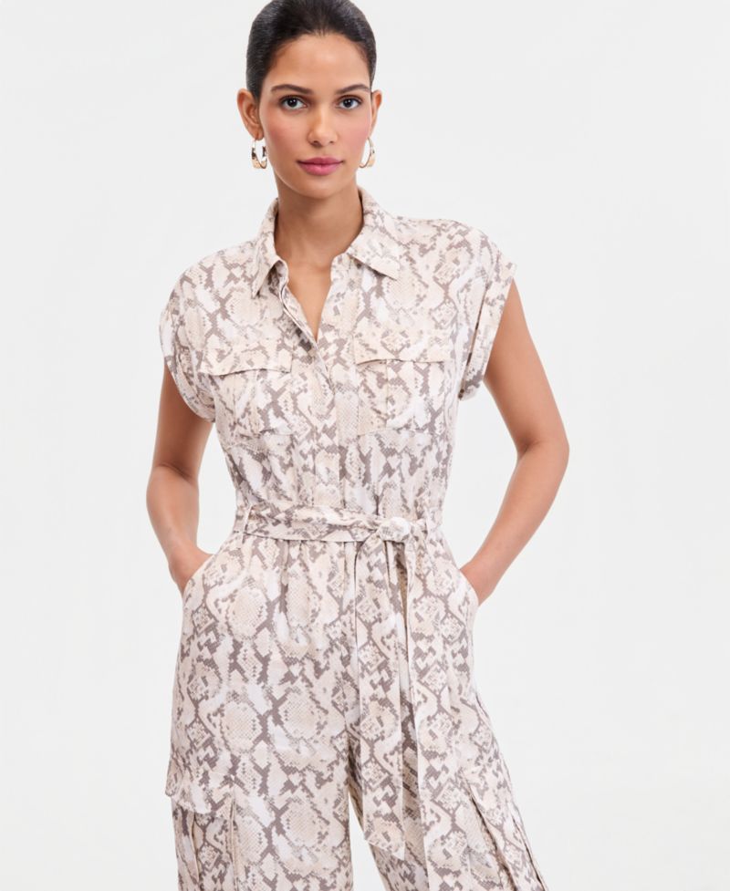 Women's Short-Sleeve Snake Print Belted Jumpsuit