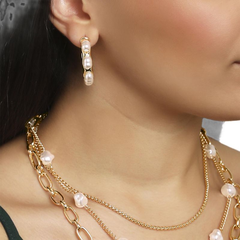 Faux Pearl Accent Hoop Earrings